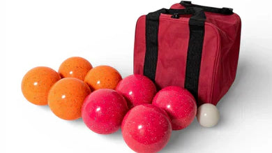 Bocce ball diameter and weight specs overview featuring a 110mm volo bundle on a tournament court