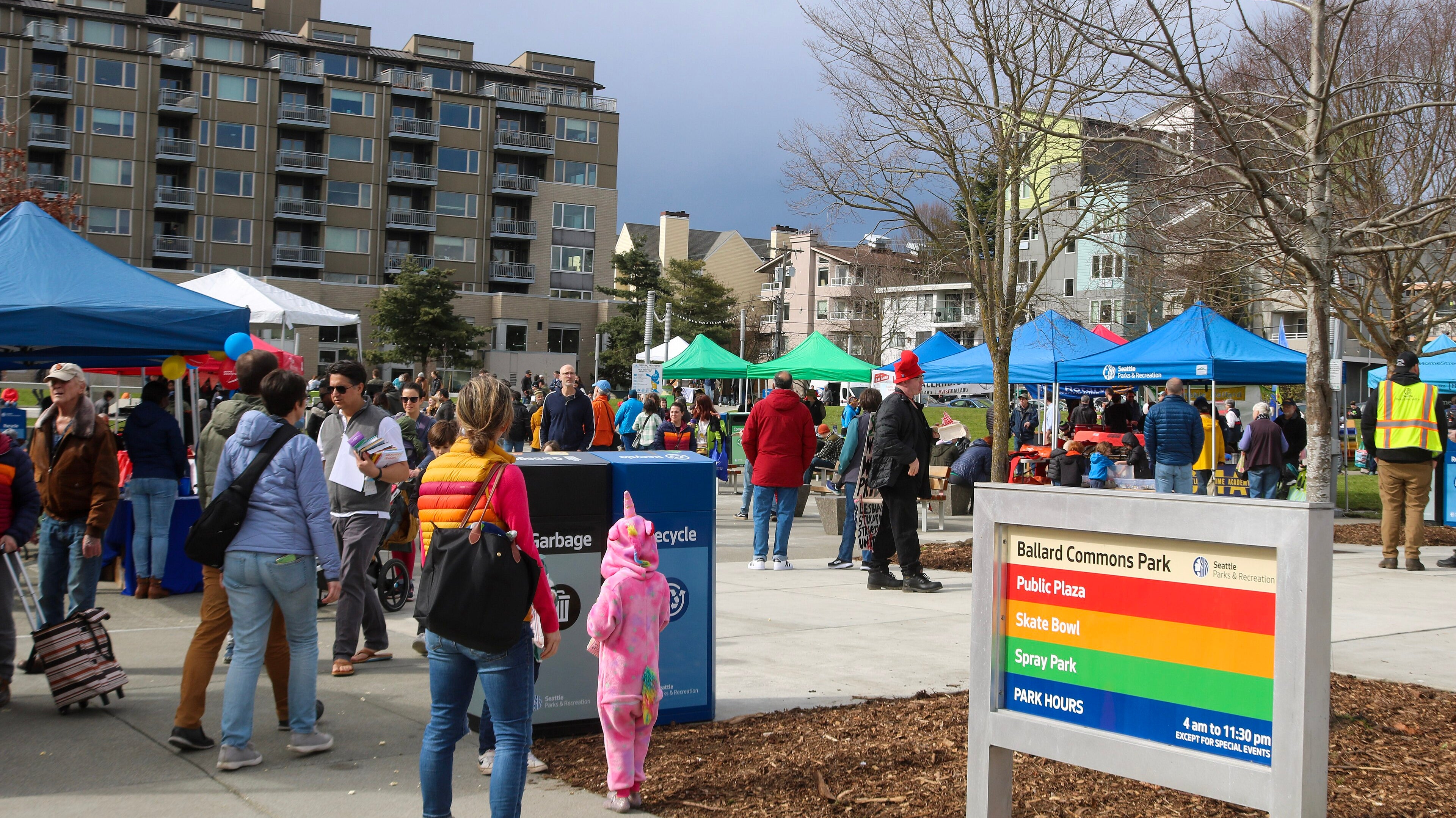 Ballard Commons Park in Seattle, a casual bocce-friendly green space in the north end
