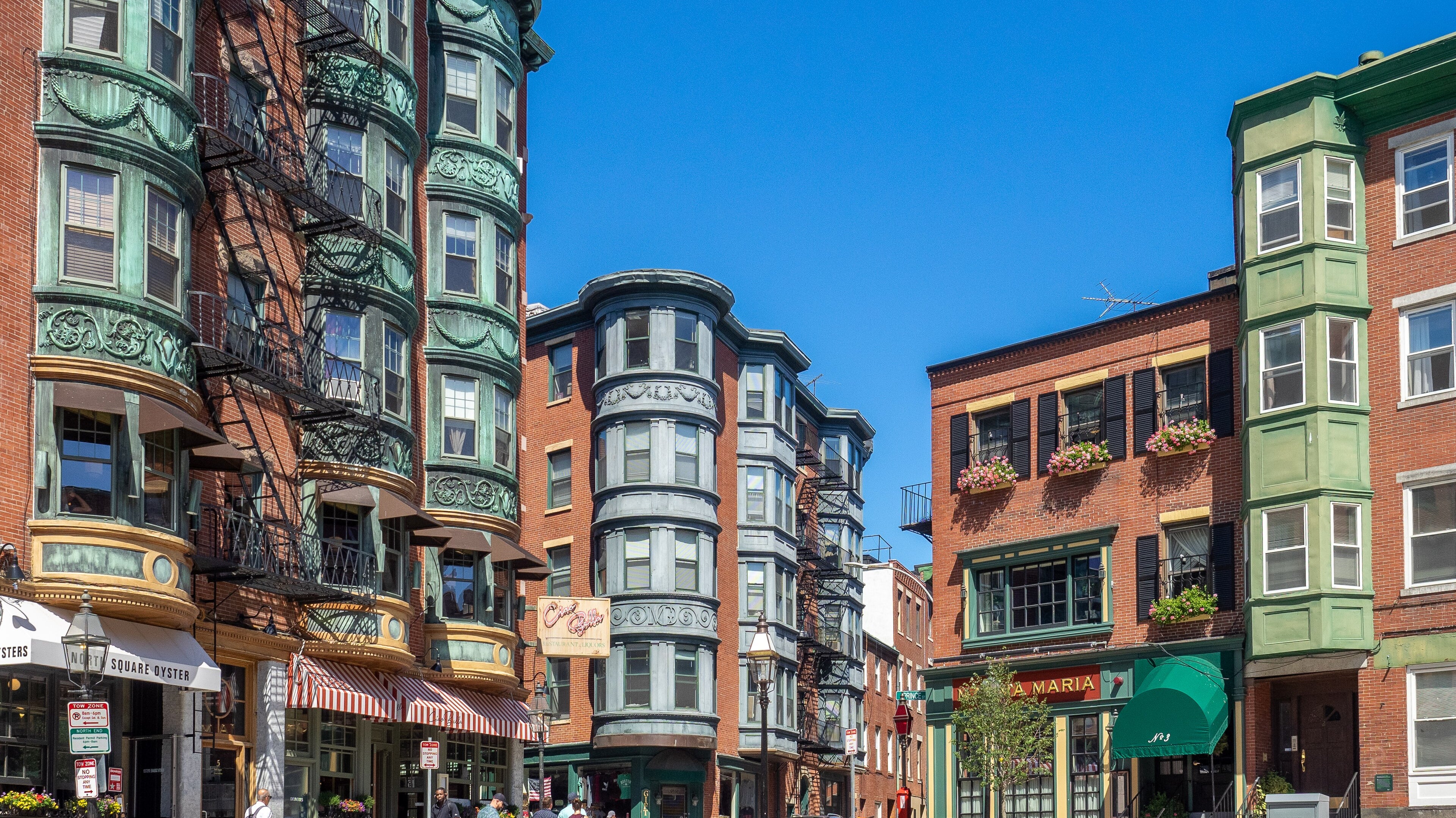 Boston's North End streetscape, home to Langone Park and the city's most active public bocce courts