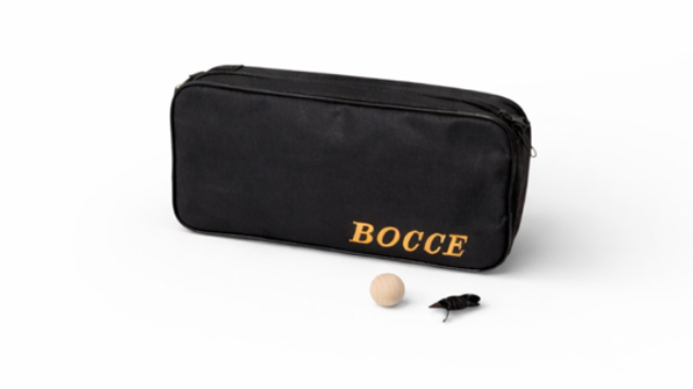 Bocce ball bag holding a full 8-ball tournament bocce set with pallino
