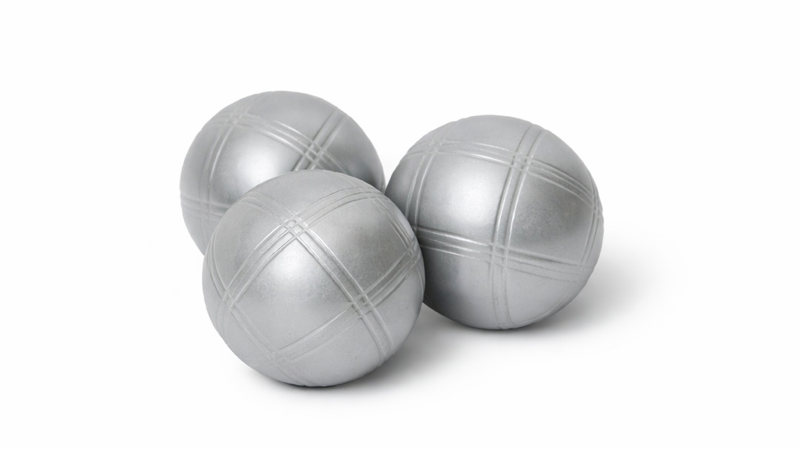 Bocce measuring tools alongside set