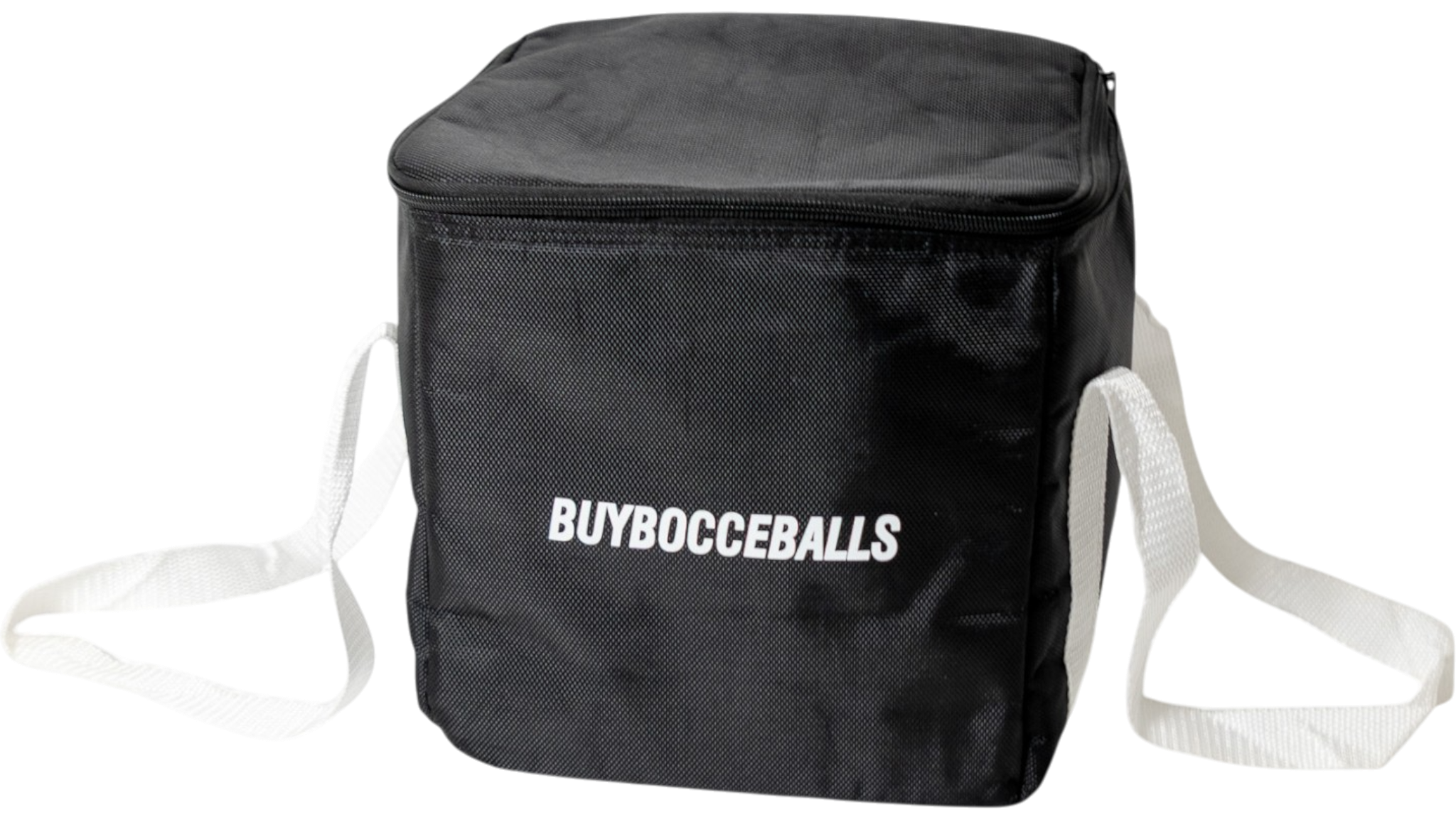 Black bocce ball bag with white reinforced handles holding a full 8-ball 107mm tournament set