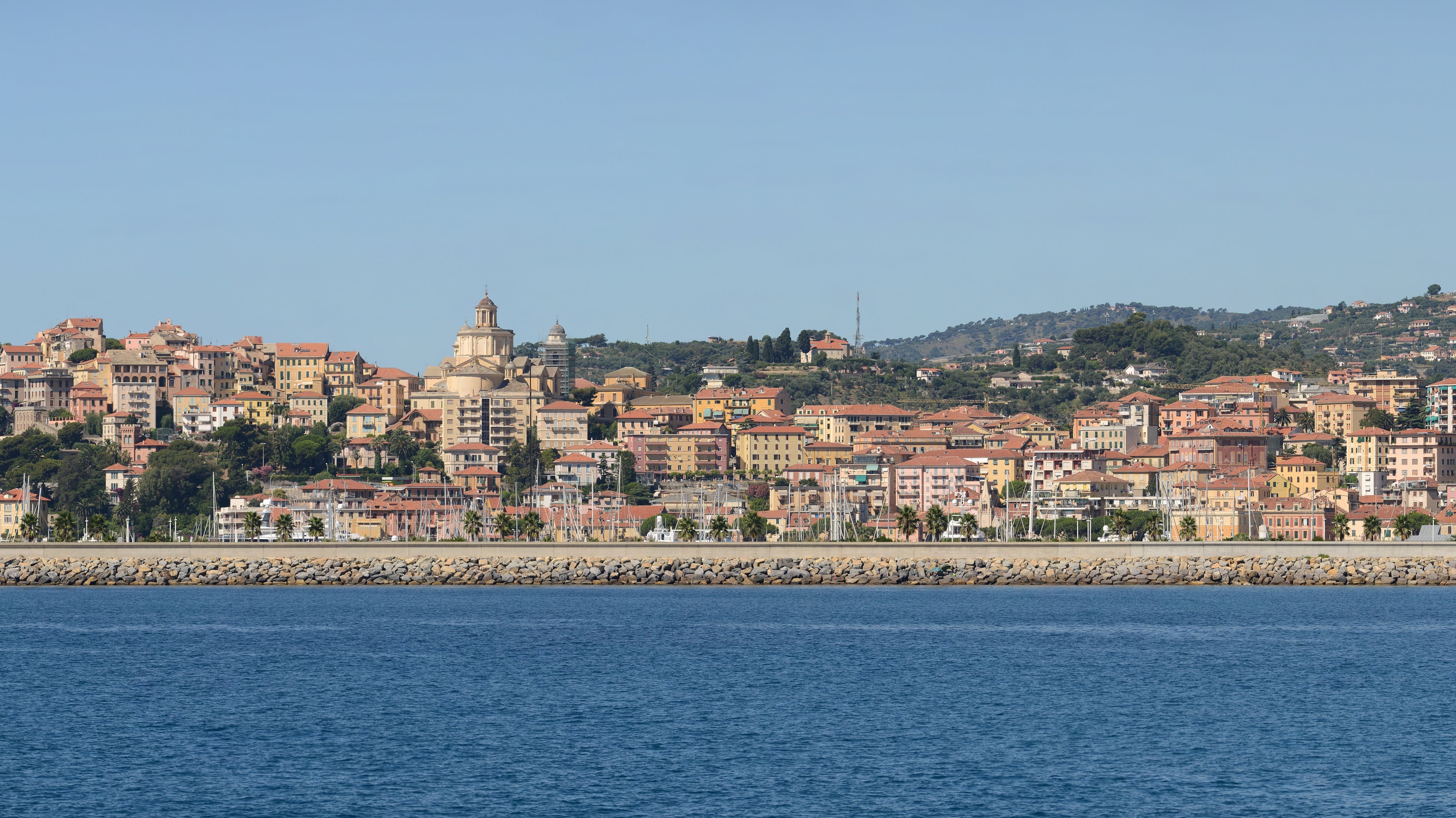 Aerial view of Porto Maurizio in Imperia, Italy, the Ligurian coastal city home to one of Italys most famous bocciodromi