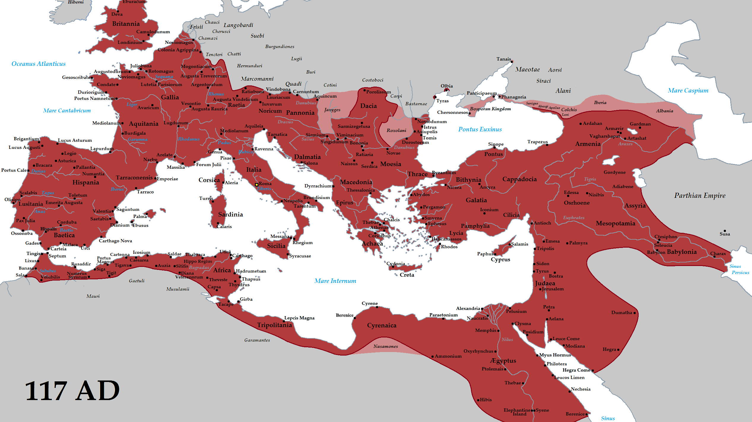 Map of the Roman Empire at its peak under Trajan in 117 AD, the era when Roman soldiers spread bocci across the Mediterranean