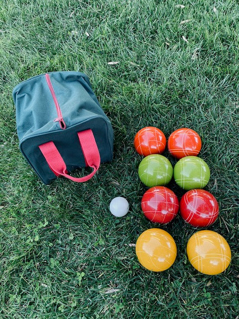 EPCO 110mm Rustic Tournament Quality 8 Ball Bocce Set - Rustic Yellow/Orange/Red/Green balls and green/maroon bag