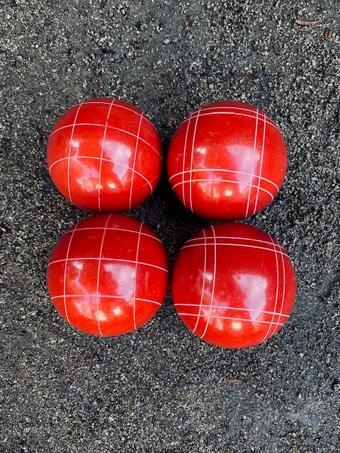 EPCO 110mm 4 pack Bocce Balls rustic red Criss Cross and Close Curvey stripes