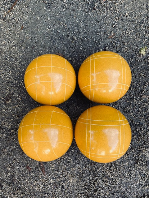 EPCO 110mm 4 pack Bocce Balls rustic yellow Criss Cross and Close Curvey stripes