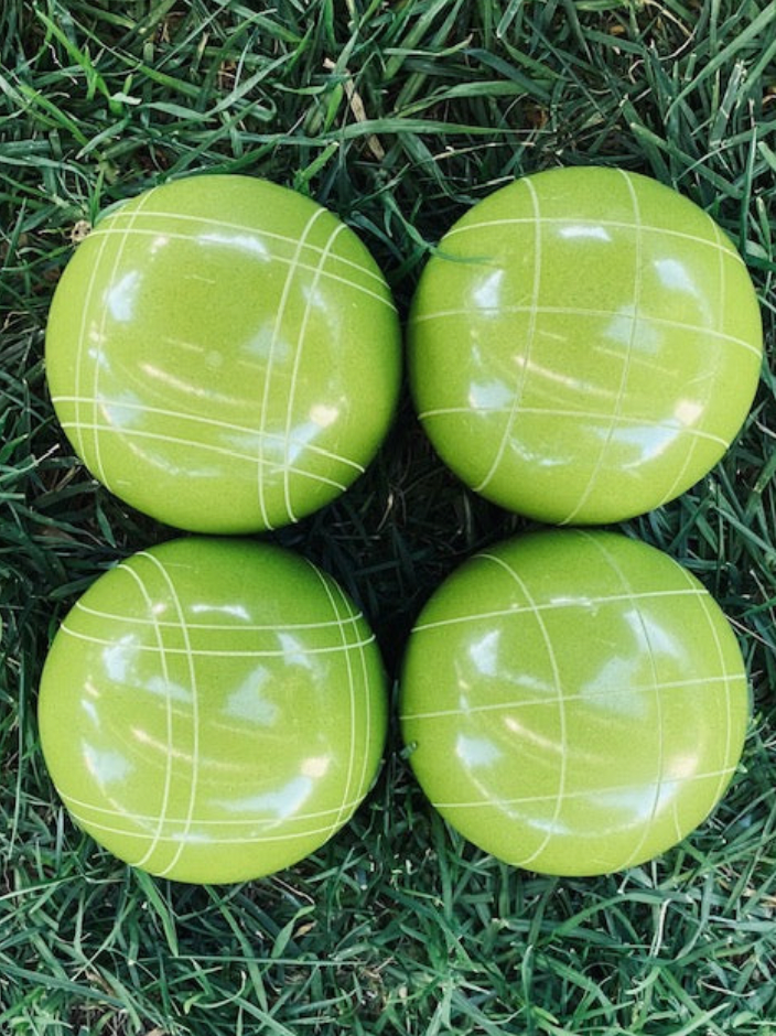EPCO 107mm 4 pack Bocce Balls 4 rustic green Criss Cross and Close Curvey stripes