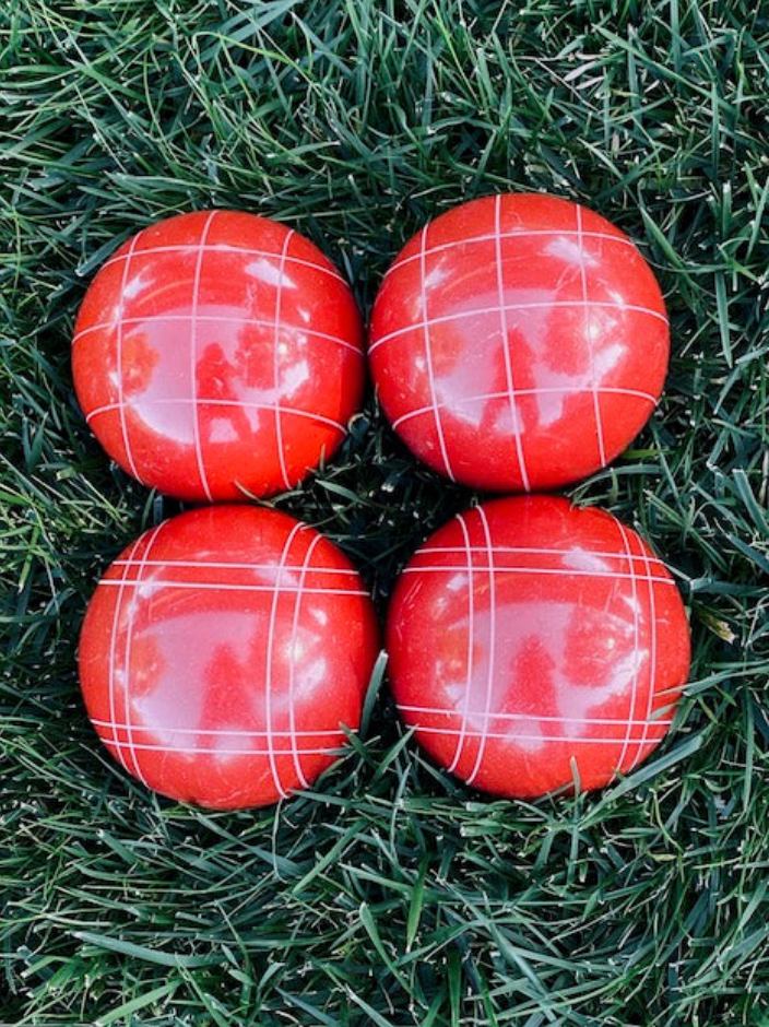 EPCO 107mm 4 pack Bocce Balls rustic red Criss Cross and Close Curvey stripes