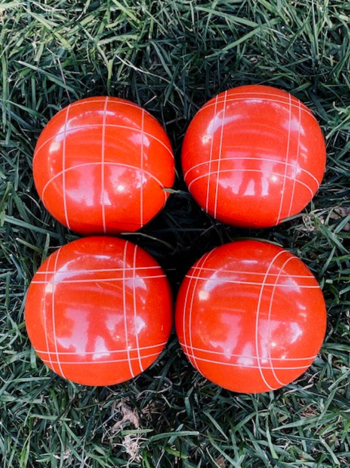 EPCO 107mm 4 pack Bocce Balls rustic orange balls and mix of striping
