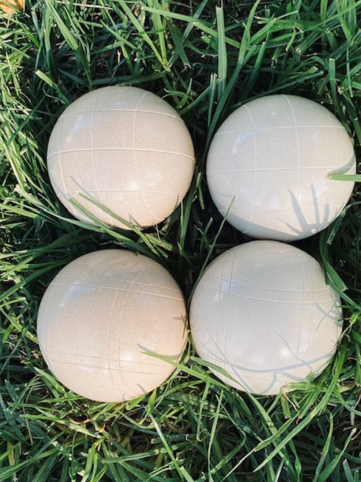 EPCO 107mm 4 pack Bocce Balls white balls and mix of striping