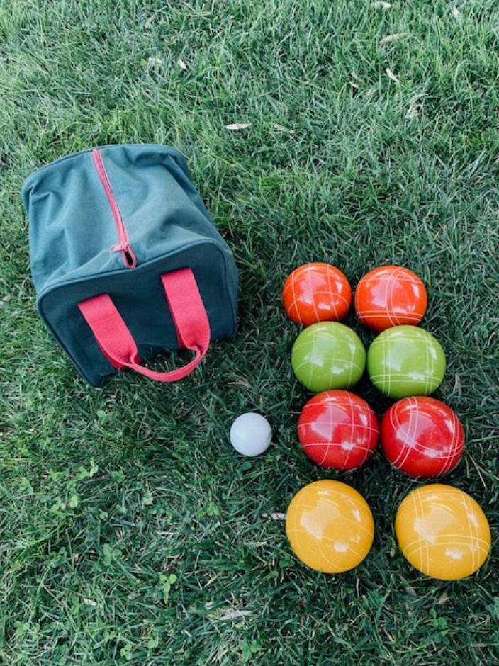 EPCO 107mm Rustic Tournament Quality 8 Ball Bocce Set - Rustic Yellow/Orange/Red/Green balls and  green/maroon bag