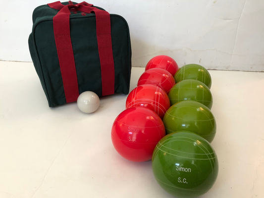 Engraved EPCO 107mm Light Red and Lime Green Tournament Quality Bocce Set- Bag included