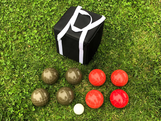 107mm Family Bocce Set with Olive Brown and Red Balls with Black Bag