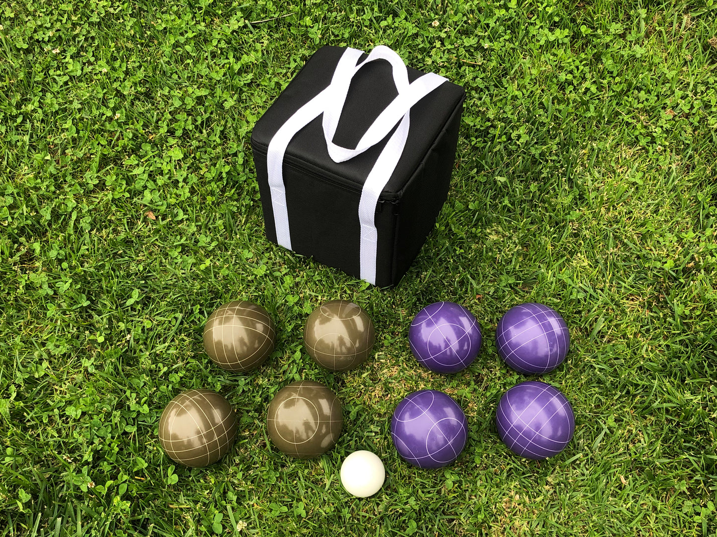 107mm Family Bocce Set with Olive Brown and Purple Balls with Black Bag