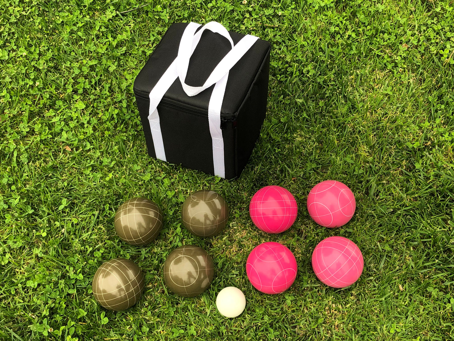107mm Family Bocce Set with Olive Brown and Pink Balls with Black Bag