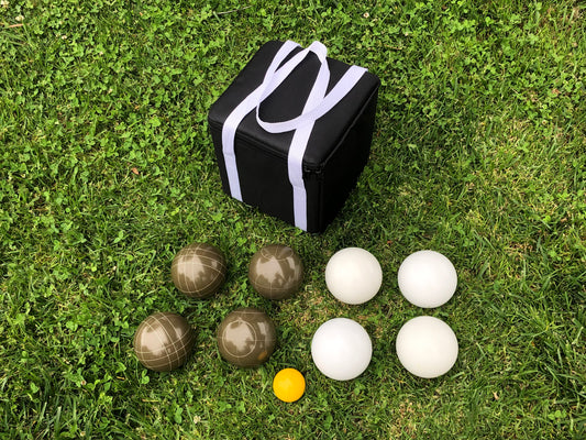 107mm Family Bocce Set with Olive Brown and White Balls with Black Bag