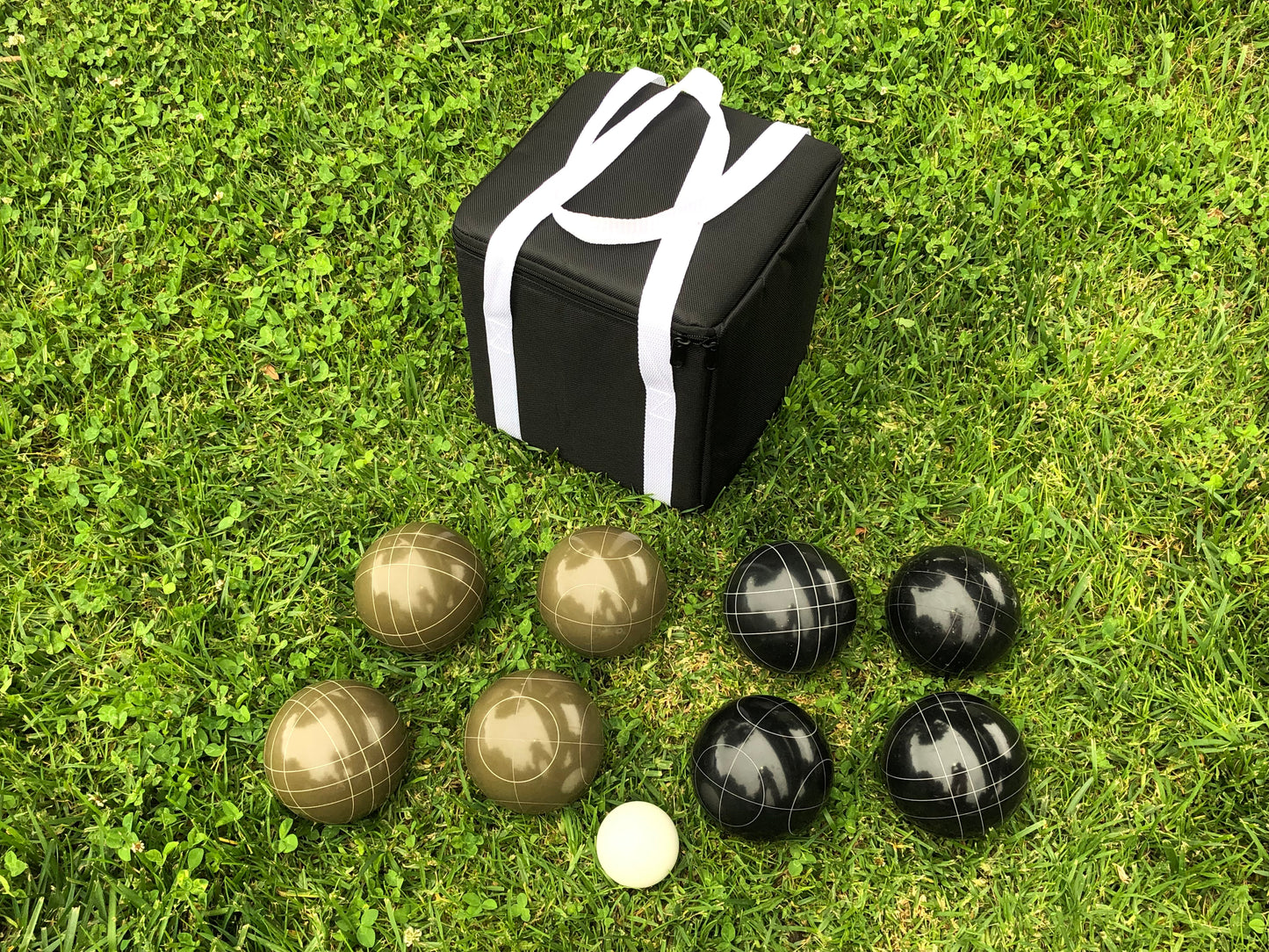 107mm Family Bocce Set with Olive Brown and Black Balls with Black Bag