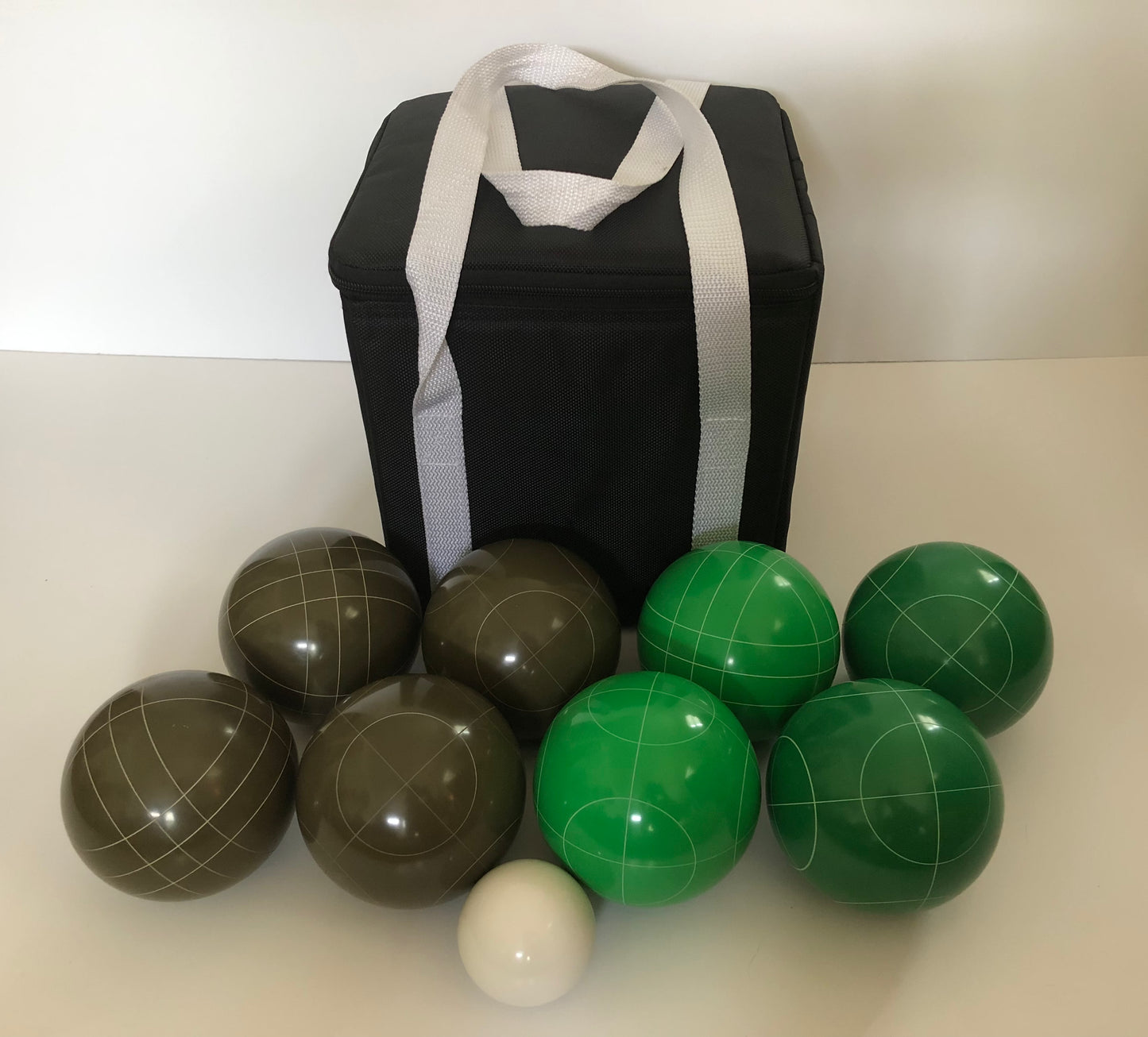 107mm Family Bocce Set with Olive Brown and Green Balls with Black Bag