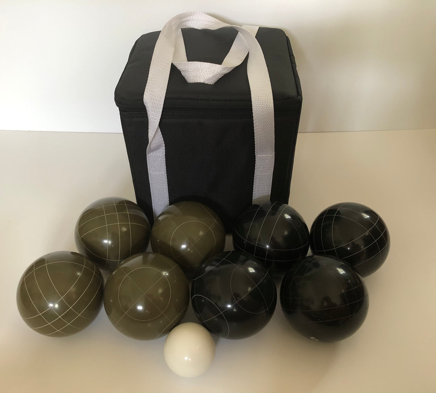 107mm Family Bocce Set with Olive Brown and Black Balls with Black Bag