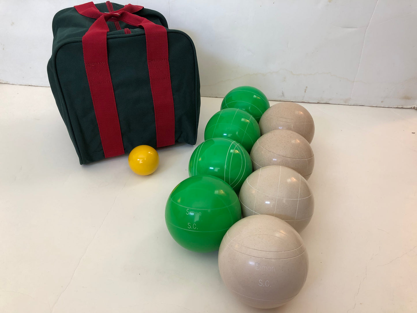 Engraved EPCO 110mm Green and White Tournament Quality Bocce Set- Bag included