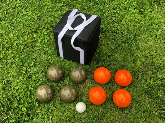 107mm Family Bocce Set with Olive Brown and Orange Balls with Black Bag