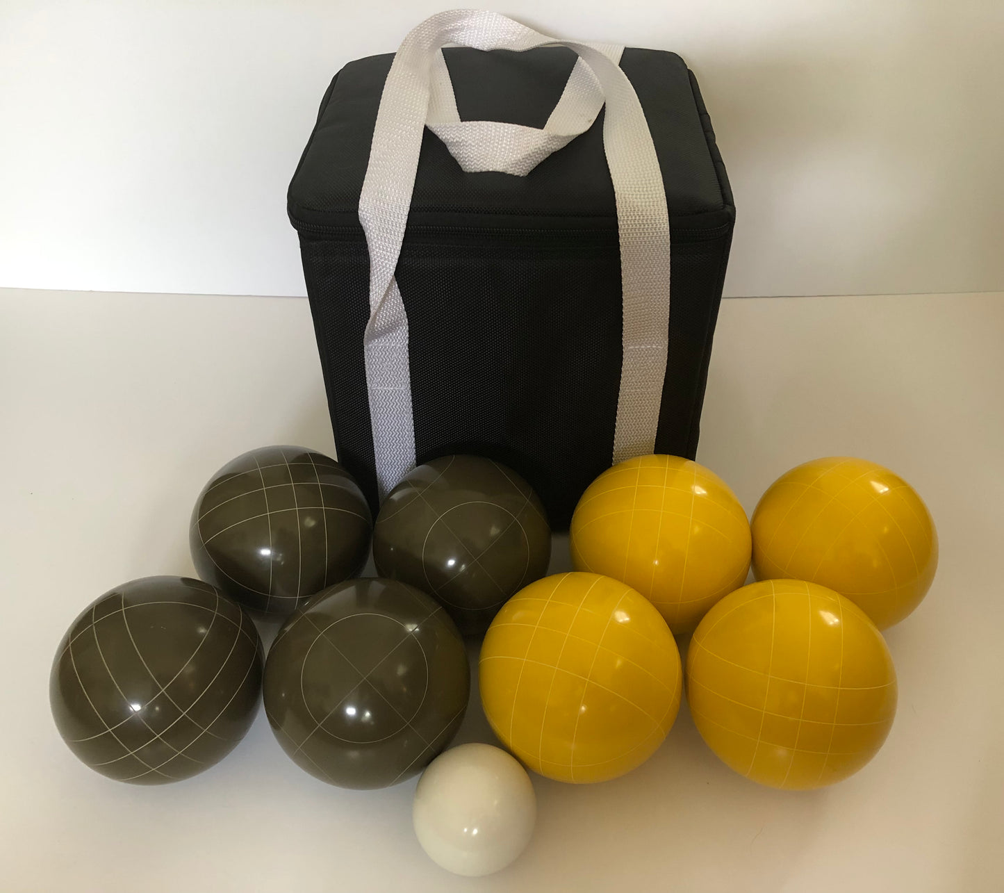 107mm Family Bocce Set with Olive Brown and Yellow Balls with Black Bag