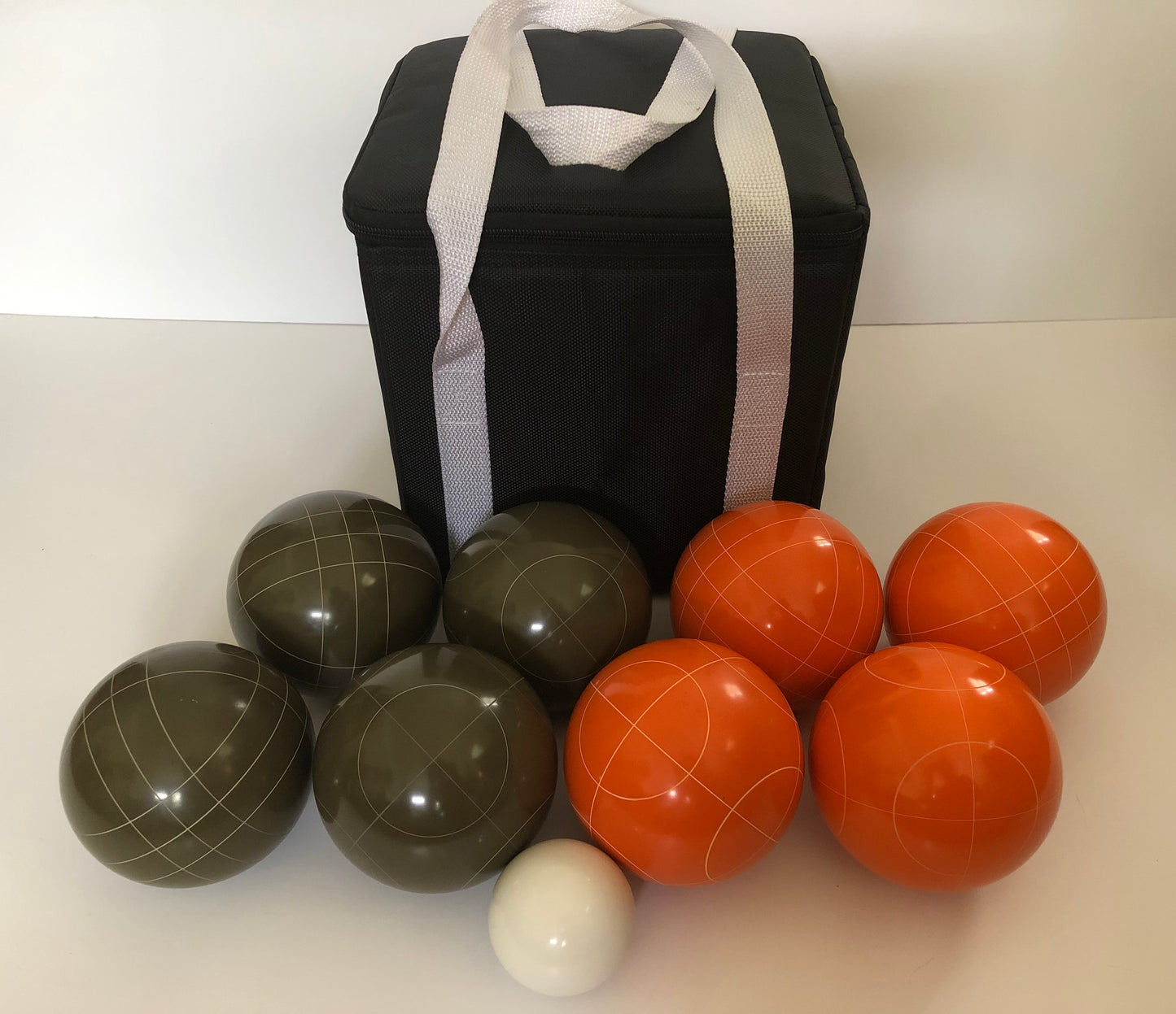 107mm Family Bocce Set with Olive Brown and Orange Balls with Black Bag