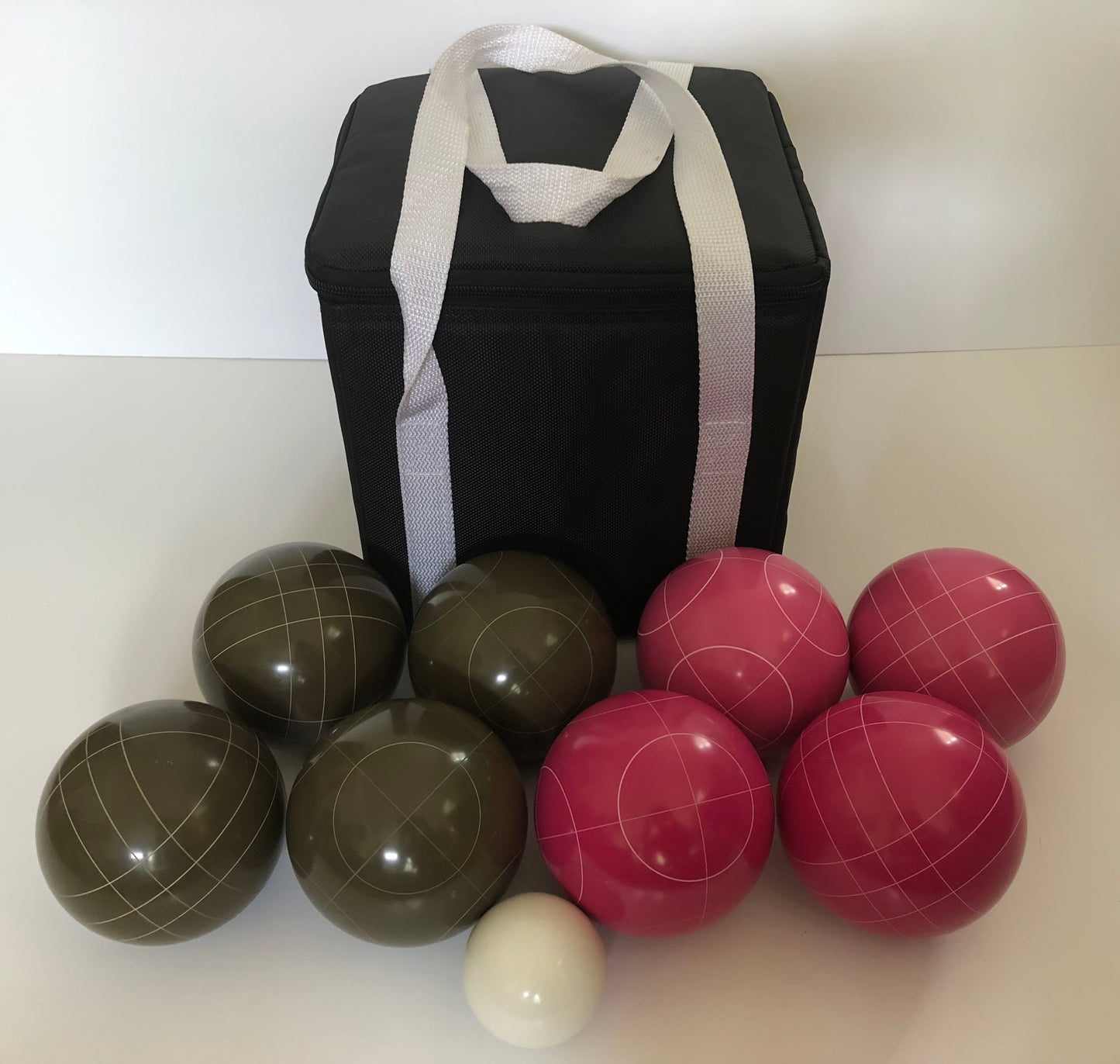 107mm Bocce Olive Brown and Pink Balls with Black Bag