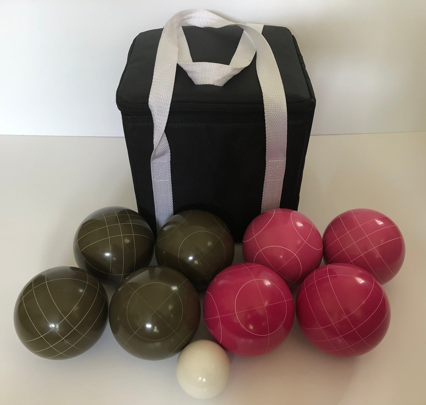 107mm Family Bocce Set with Olive Brown and Pink Balls with Black Bag