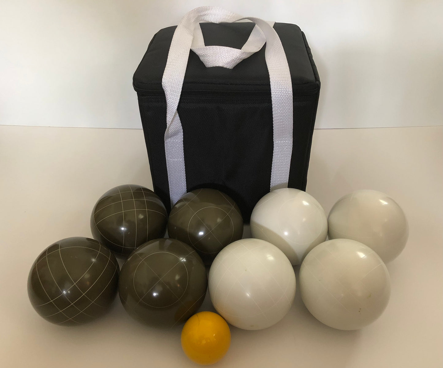 107mm Family Bocce Set with Olive Brown and White Balls with Black Bag
