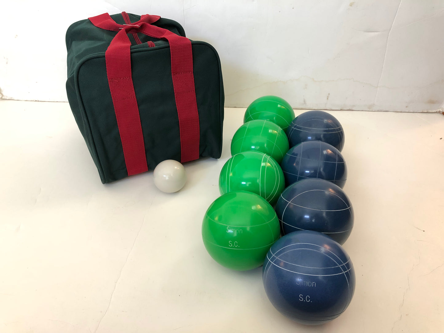 Engraved EPCO 110mm Green and Blue Tournament Quality Bocce Set- Bag included