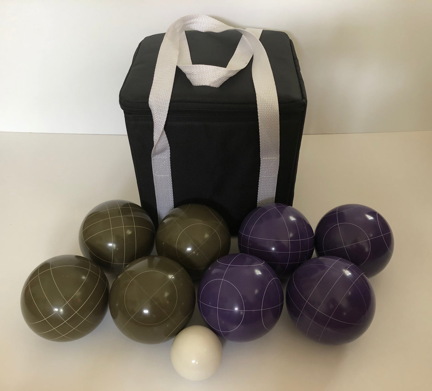 107mm Family Bocce Set with Olive Brown and Purple Balls with Black Bag