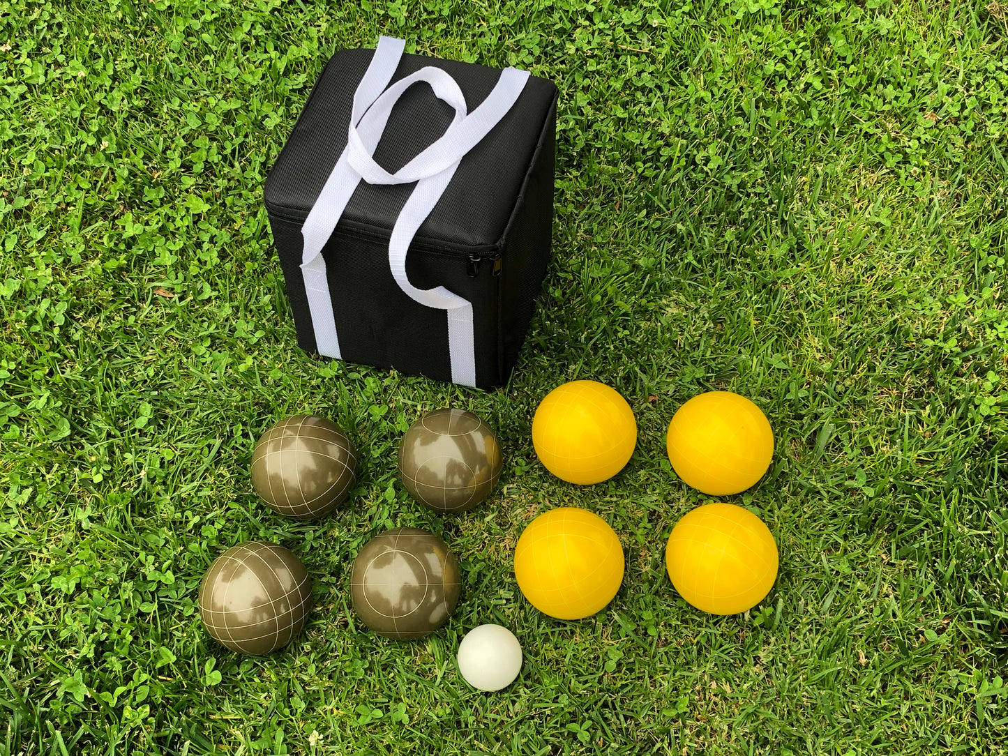107mm Family Bocce Set with Olive Brown and Yellow Balls with Black Bag