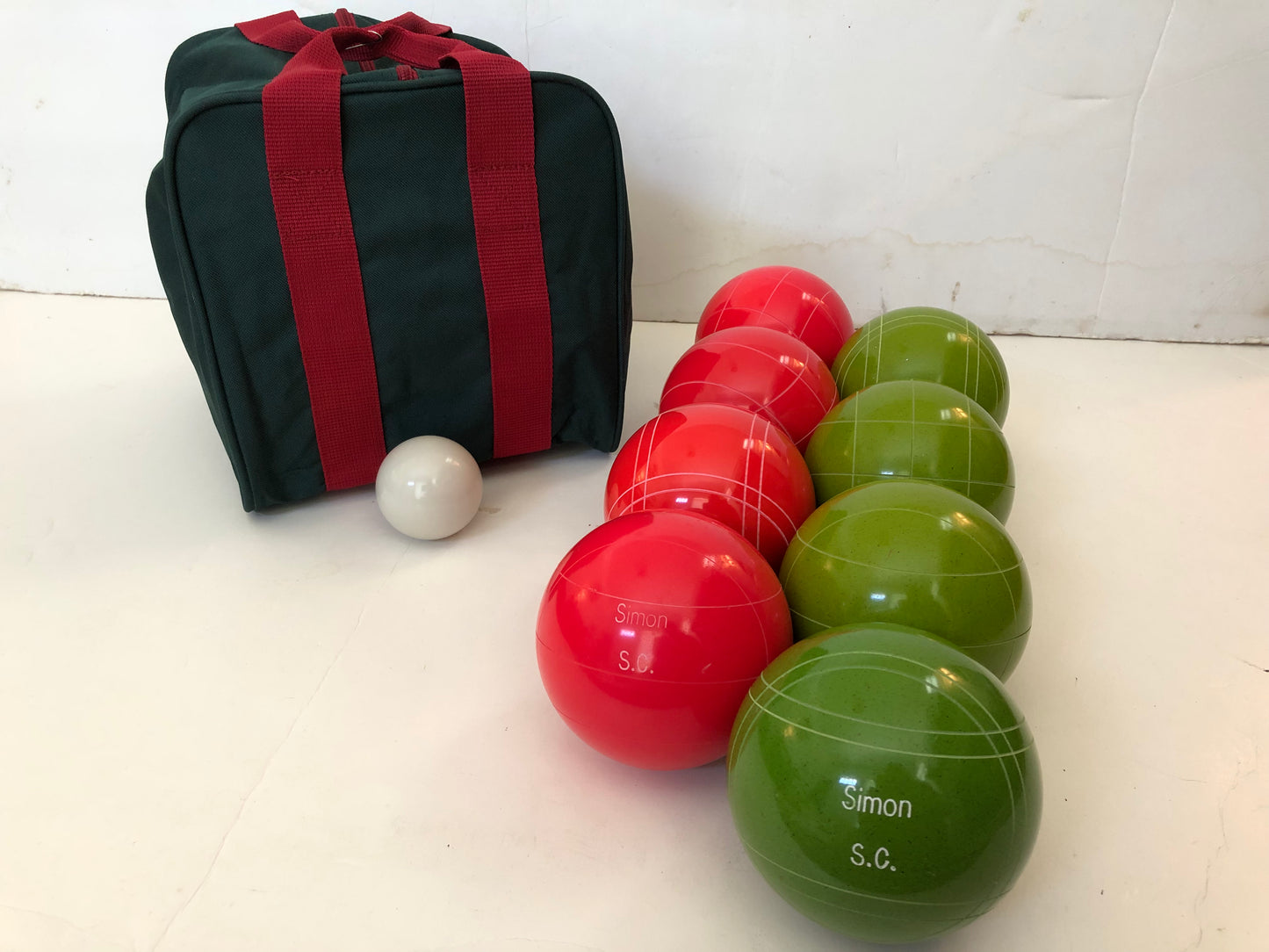 Engraved EPCO 110mm Light Red and Lime Green Tournament Quality Bocce Set- Bag included