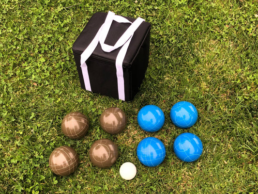107mm Family Bocce Set with Olive Brown and Blue Balls with Black Bag
