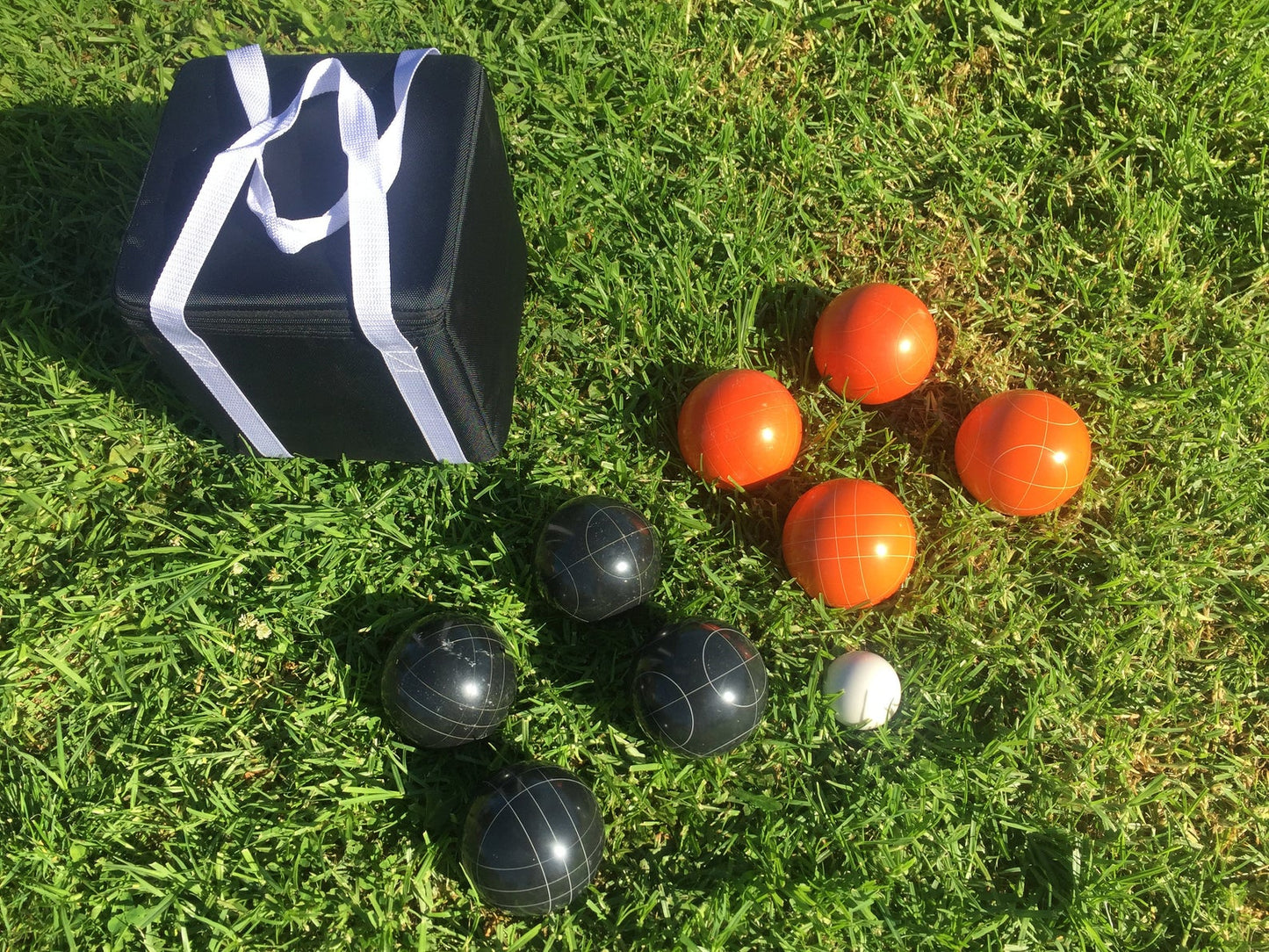 107mm Family Bocce Set with Orange and Black Balls with Black Bag
