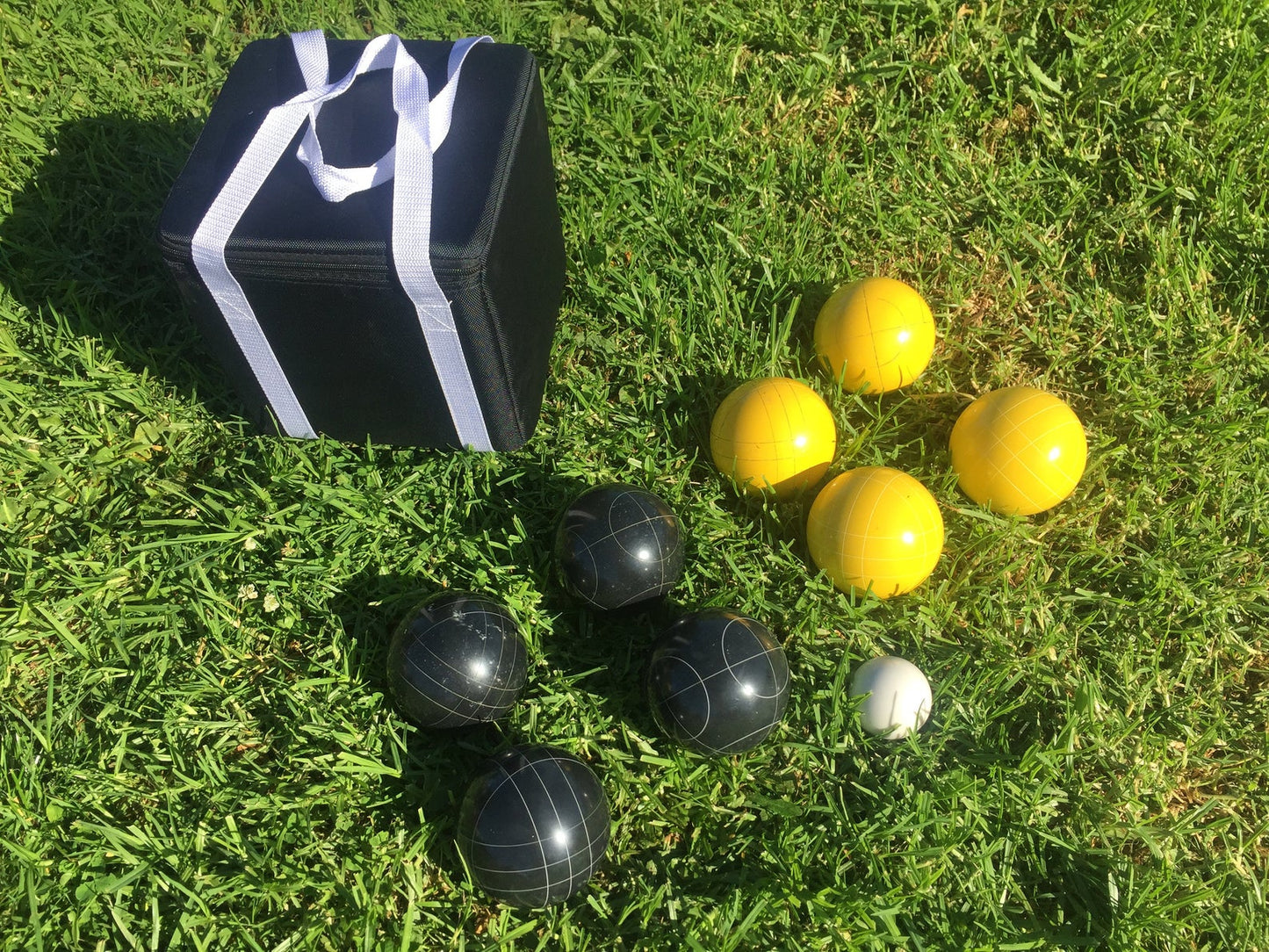 107mm Family Bocce Set with Yellow and Black Balls with Black Bag