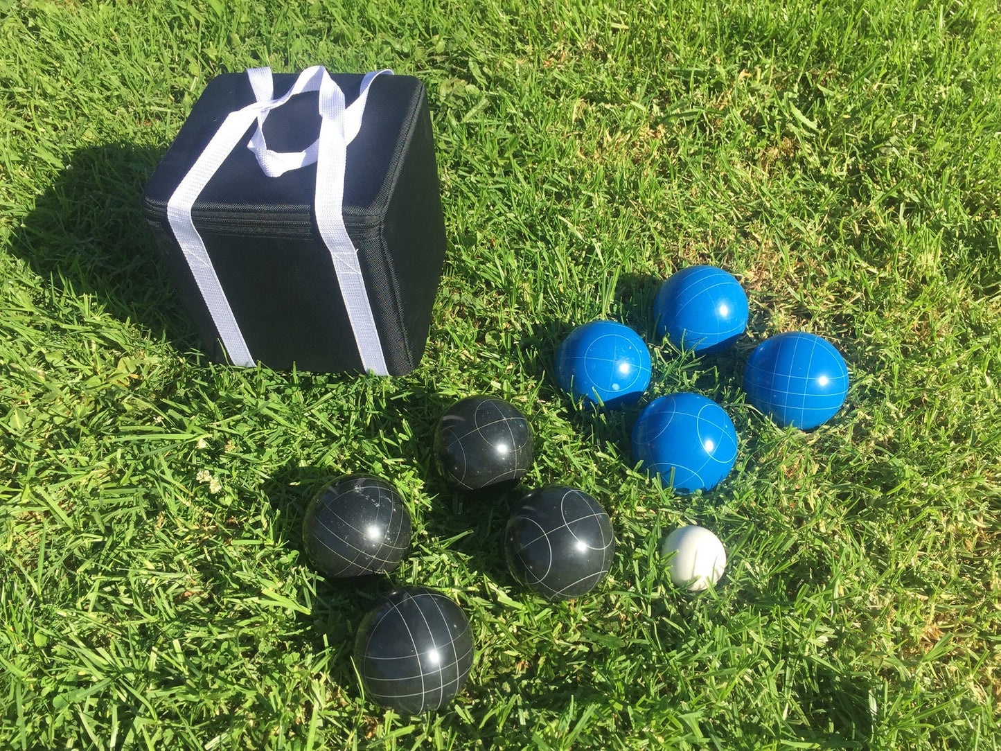 107mm Family Bocce Set with Blue and Black Balls with Black Bag