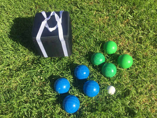 107mm Family Bocce Set with Green and Blue Balls with Black Bag