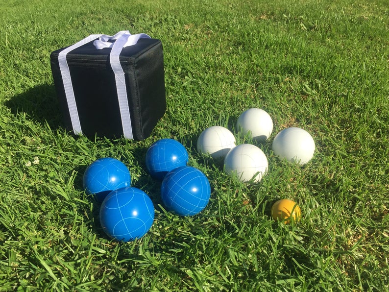 107mm Family Bocce Set with Blue and White Balls with Black Bag