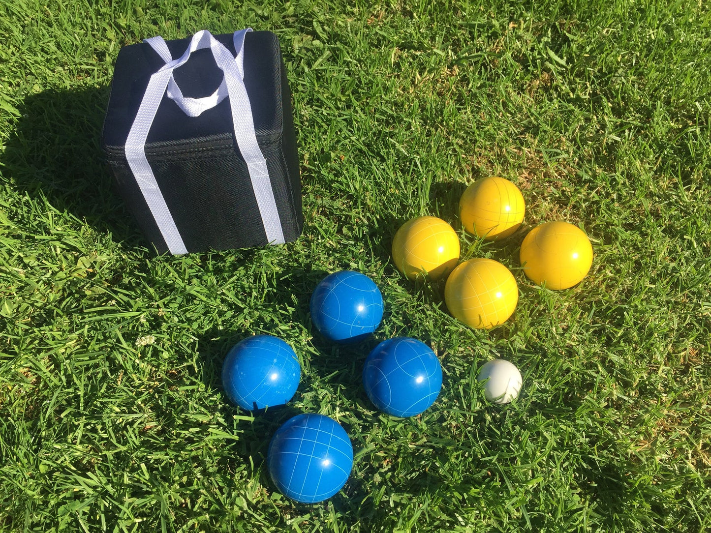 107mm Family Bocce Set with Blue and Yellow Balls with Black Bag