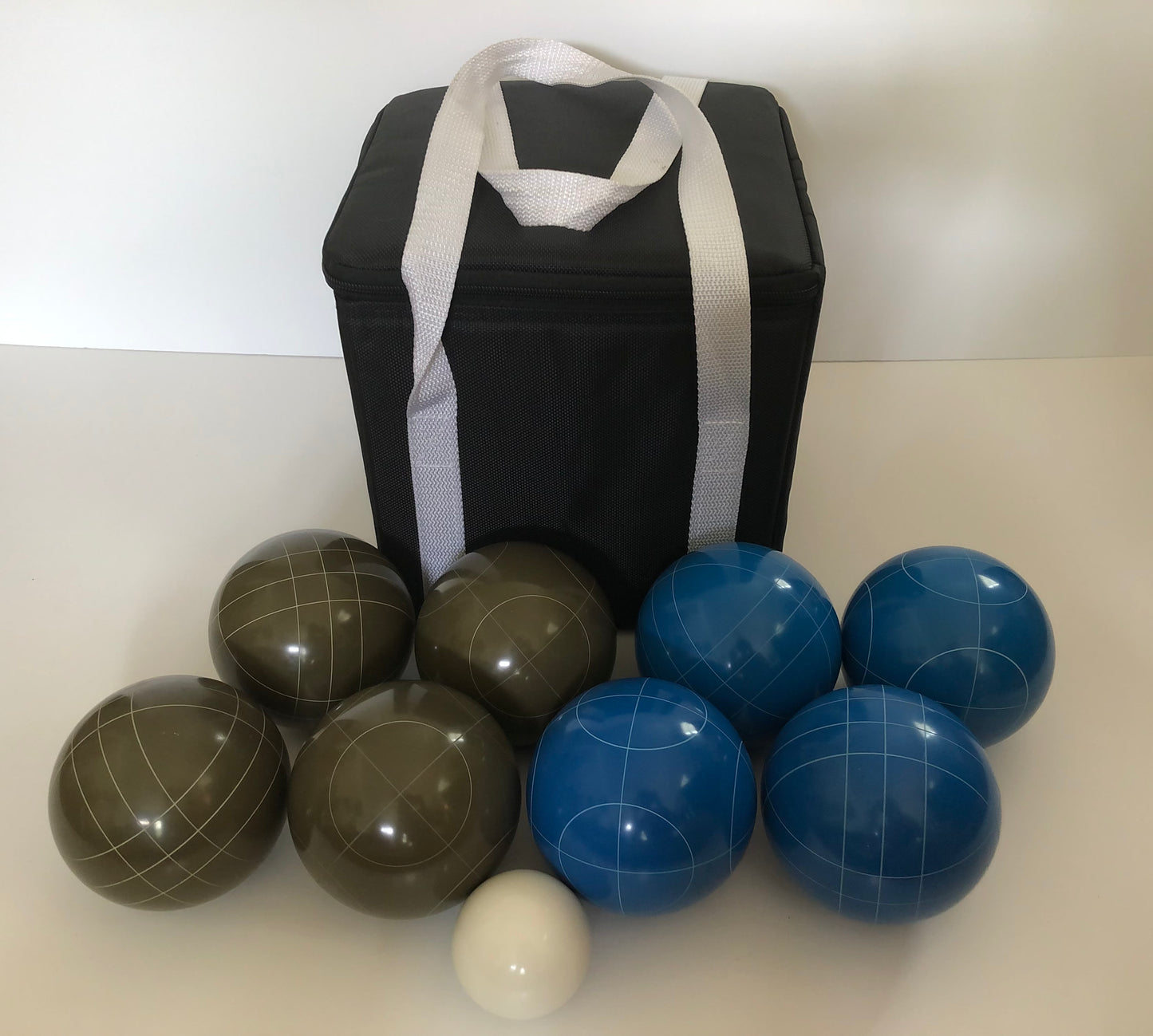 107mm Family Bocce Set with Olive Brown and Blue Balls with Black Bag