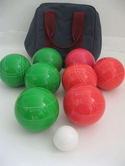 Engraved Bocce package - 110mm EPCO Green and Light Red balls.