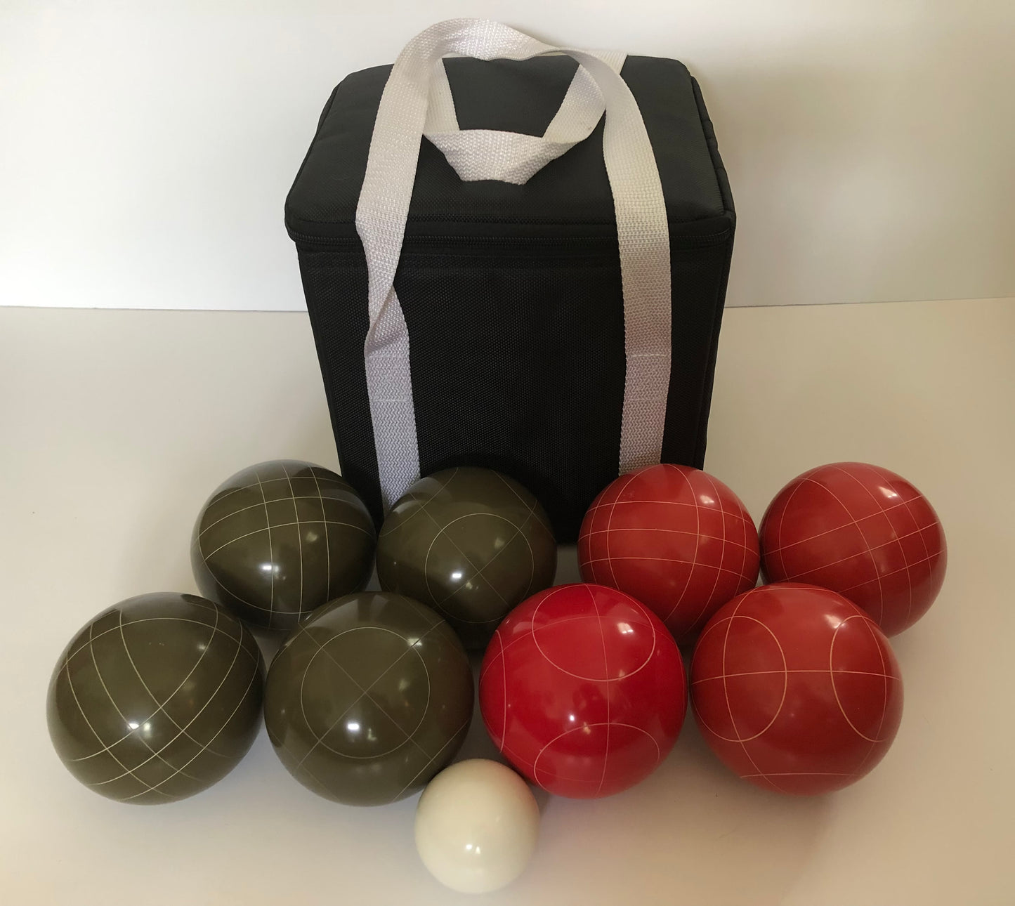 107mm Family Bocce Set with Olive Brown and Red Balls with Black Bag