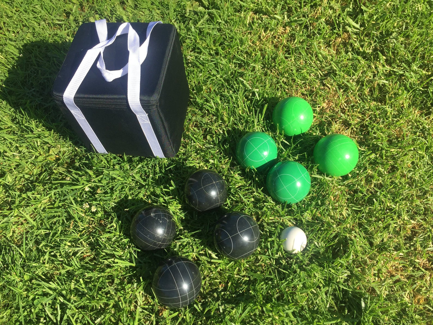 107mm Family Bocce Set with Green and Black Balls with Black Bag