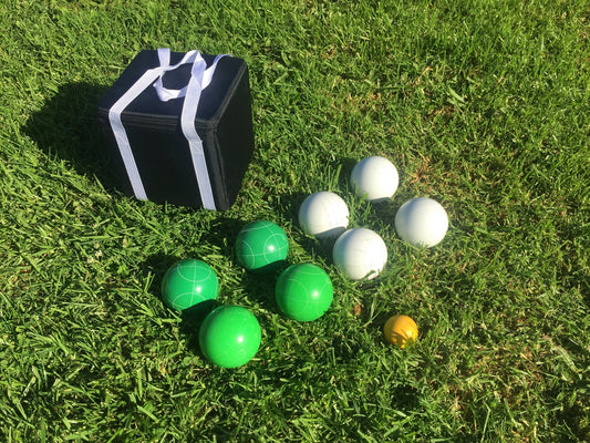 107mm Family Bocce Set with Green and White Balls with Black Bag