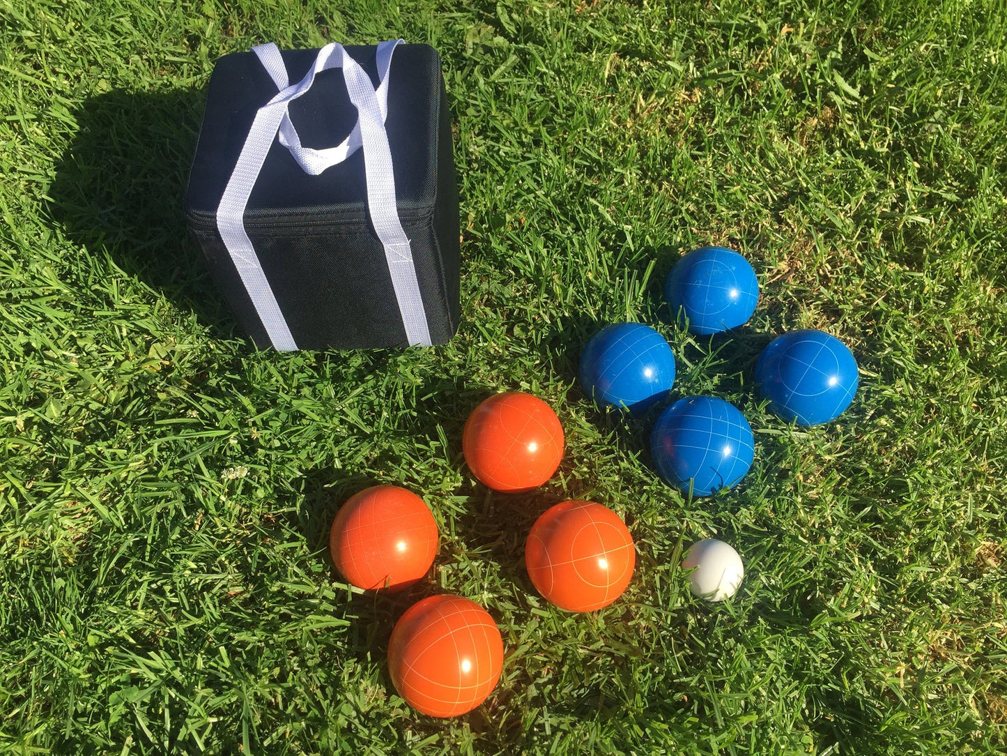 107mm Family Bocce Set with Orange and Blue Balls with Black Bag