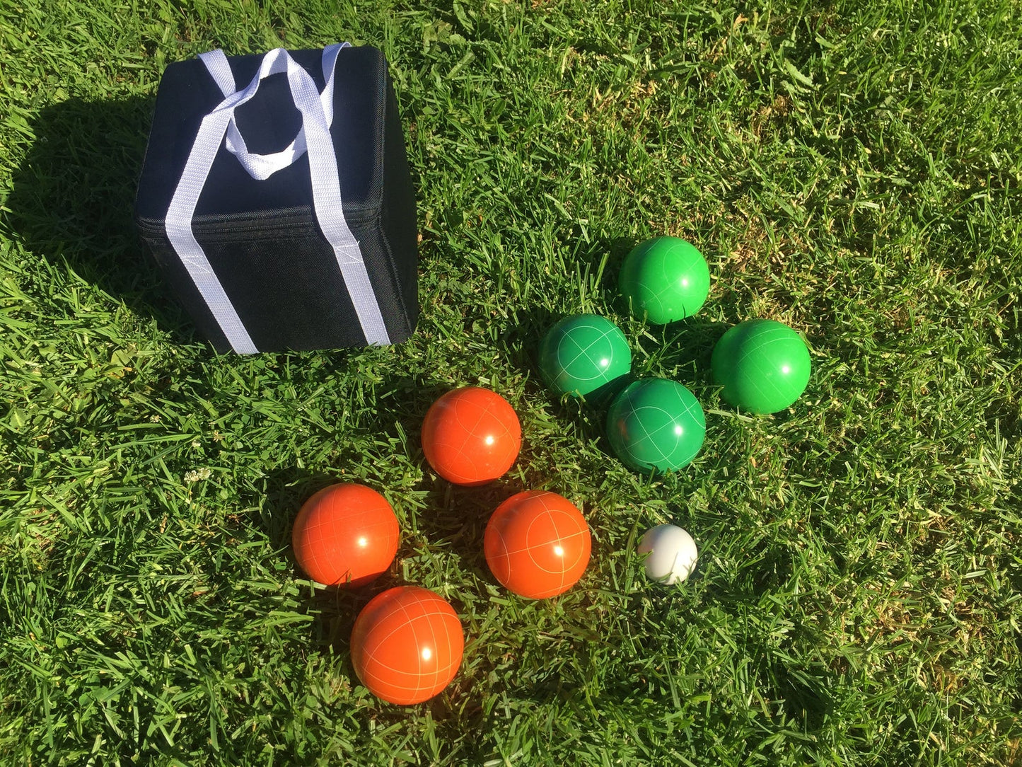 107mm Family Bocce Set with Green and Orange Balls with Black Bag