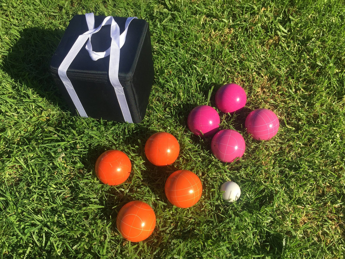 107mm Family Bocce Set with Orange and Pink Balls with Black Bag